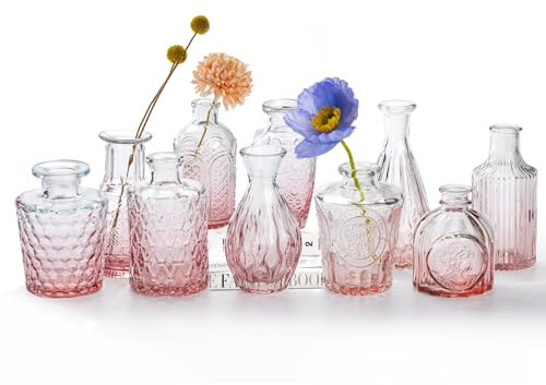Lot de 10 vases en verre rose transparent - Mini vase vintage pour centre de table - Décorations de mariage rustiques - Décoration de table de maison