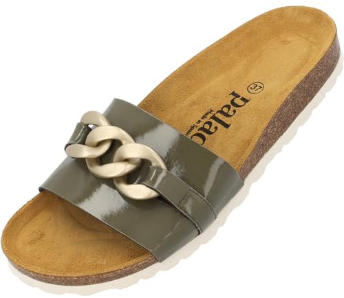 Palado Pantoletten Damen Gozo - bequeme Sandalen Made in Spain - Hausschuhe mit dämpfendem Kork-Fußbett - modische Sommerschuhe Khaki Lack UK3,5 - EU36