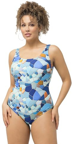 Ulla Popken Damen große Größen Übergrößen Plus Size Badeanzug, Bedruckt, ohne Softcups, Rundhals helles azurblau 54+ 827242736-54+