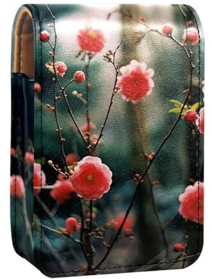 Travel Lipstick Organizer Case,Lipstick Case Portable Makeup Bag with Mirror,Blossom Pink Plant