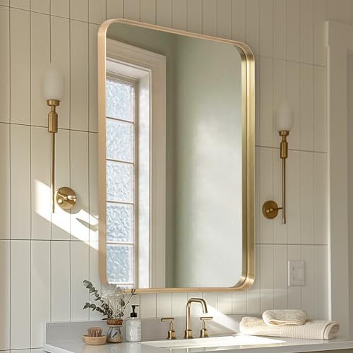 Melodieux Wandspiegel 50x75cm Gold Rechteckiger Spiegel Badezimmerspiegel Dekorativer Spiegel zum Aufhängen an der Wand Horizontal oder Vertikal für Schlafzimmer Wohnzimmer Flur