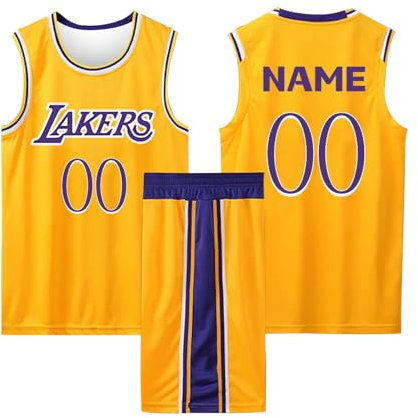 2 Pièces Maillot Basketball Enfant/Adulte Personnalisable, Maillot sans Manches + Pantalon Court Enfants/Adulte Personnalisé, Basket Maillots et Short Ensemble Personnalisable XL Jaune