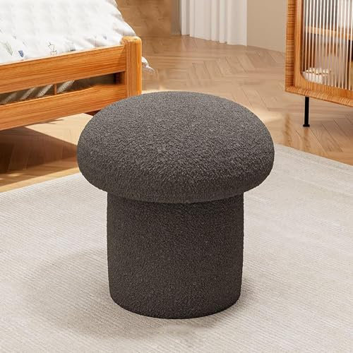 Runder Hocker, Pilzhocker aus Lammwollstoff, Massivholzhocker, weicher und bequemer Fußstützenhocker für Wohnzimmer, Schlafzimmer, Arbeitszimmer, Küche, Balkon (Dunkelgrau, Small 26*37*36cm)
