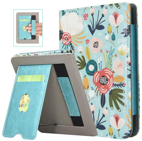DMLuna Étui pour Kobo Clara Colour/Clara BW (2024)/Clara 2E (2022), Fonction Veille/Réveil Automatique, Support Intégré, Emplacements pour Cartes, Dragonne, Protection en PU Léger et Élégant, Fleur