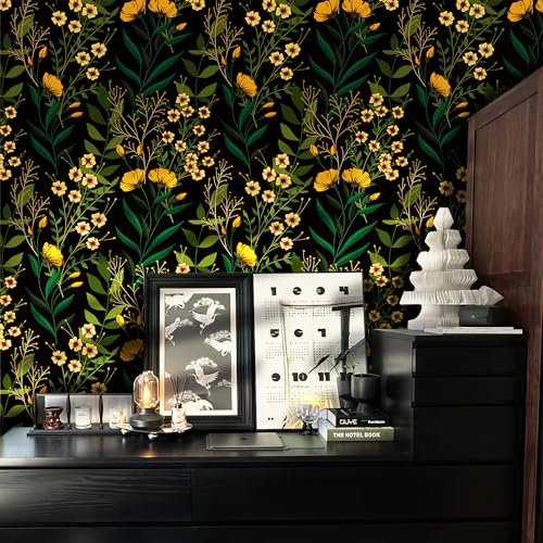 funlife Black Wallpaper Vintage Pattern Wall Mural Self Adhesive Furniture Sticker Art Deco Vinyl Vintage Floral Wild Flowers and Herbs Wall Sticker 38.6cm x 100.6cm