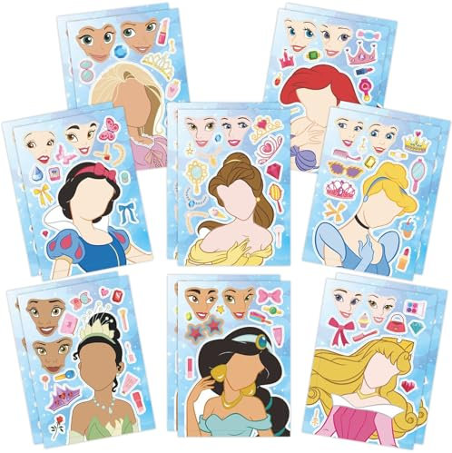 16 Sheets Princess Stickers for Kids DIY Make a Face Stickers,Art Craft Make Your Own Personalized Sticker for Birthday Party Supplies Party Bag Filler Favors for Boys Girls