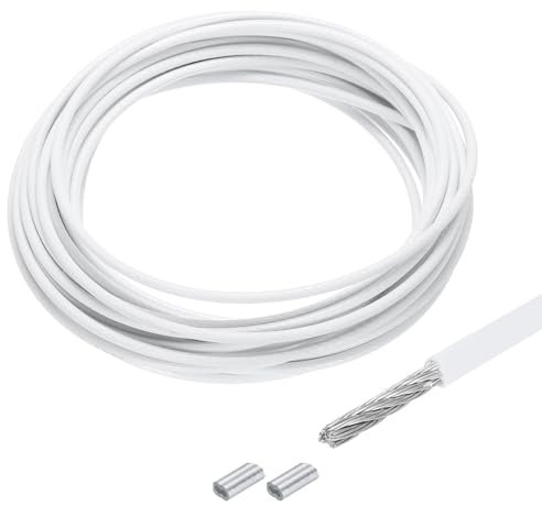 QUARKZMAN 10m Cable de Acero Inoxidable 304, 4mm OD Kit de Cuerda de Alambre con 2pcs Doble Orificio Aluminio Mangas PVC Recubierto para Cuerda Tendedero, Suspensión, Planta, Blanco