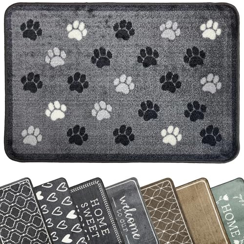 Mighty Mats Supersoft Washable Door Mat Indoor - Highly Absorbent Dirt Trapper Indoor Doormat - Anti-Slip Mat with Durable Latex Backing - Versatile Floor Rug - Grey Paw Print, 50 x 75cm