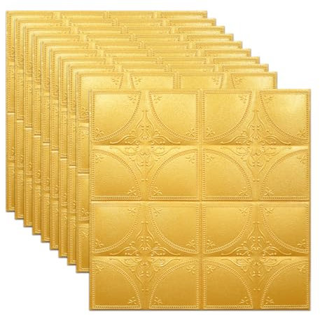 3D Wall Panels Peel and Stick 60x60cm Waterproof PE Foam Self Adhesive 3D Wallpaper for Interior Wall Decor in Bedroom Living Room,10pcs,gold