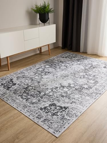 benuta Basic Waschbarer Teppich George - Anthrazit 240x340 cm - Kunstfaser - Rechteckig & im Style: Vintage, Elegant, Retro - Pflegeleicht für Wohnzimmer Schlafzimmer