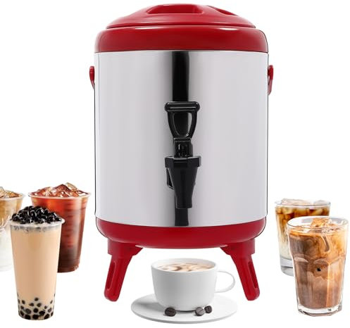 DAOHHFO 6L Stainless Steel Hot Water Dispenser Kettle, Coffee Urn Warmer with Cover and Spigot, Milk Tea Bucket Insulated Barrel for Hot Water Or Beverage (Red)