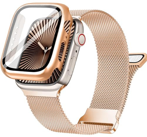 Ocaer Kompatibel mit Apple Watch Armband 44mm mit Hülle, Metall Magnetisch iWatch Armband mit Bildschirmschutz für Apple Watch SE Series 6 5 4,Edelstahl Mesh Loop (Rosegold, 44mm)