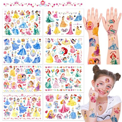 8 Blätter Prinzessin Temporäre Tattoo Aufkleber Set180+ Prinzessin Sticker, Kinder tattoos Hautfreundlich, Wasserdichte Kindertattoos für Kinder Mädchen Geburtstag Prinzessin Party Dekor Geschenk