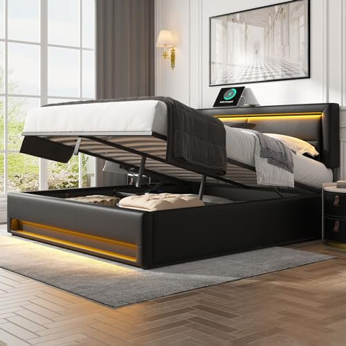 Dolamaní Boxspringbett 160 x 200 cm mit Bettkasten und große Stauraum, Polsterbett mit Kopfteil und Fußteil mit LE/D, Stauraumbett für Erwachsene & Jugendliche, PU (Schwarz)