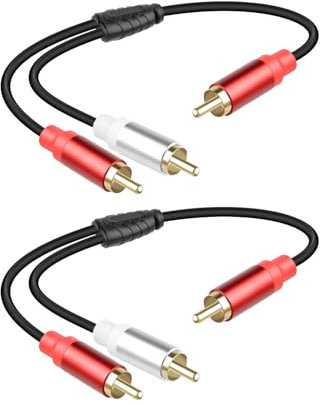 RIIEYOCA Short Y Splitter Cable, male to 2RCA female Stereo Audio Extension Cable for Speaker, Subwoofer, Amplifier, Stereo System, Home Theater 2PCS (0.3m/1ft) (RCA Male to RCA 2 Male)