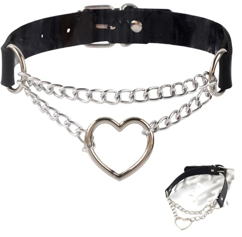 MALOUSUN Herz Chocker Halsketten Kreis,Punk Choker Kette,Herz Charm Verstellbare Kragen Halskette,Elegant Halsband Damen,Lederhalsband,Collar,Gothic Schmuck,EMO Accessoires,Joker Kette,Rocker Outfit