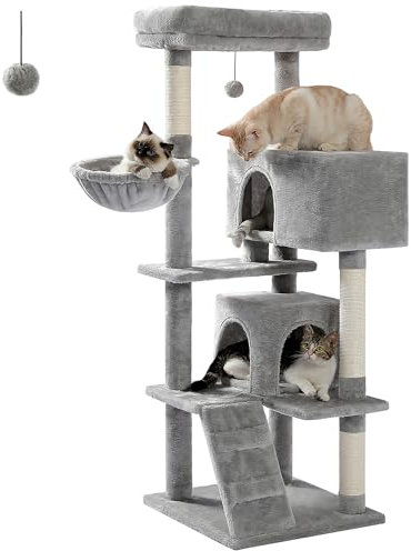 PETEPELA Arbre à Chat de 143cm avec Coussin Amovible, Poteau Griffoir, Condo Double, Large pour Les Gros Chats, Gris