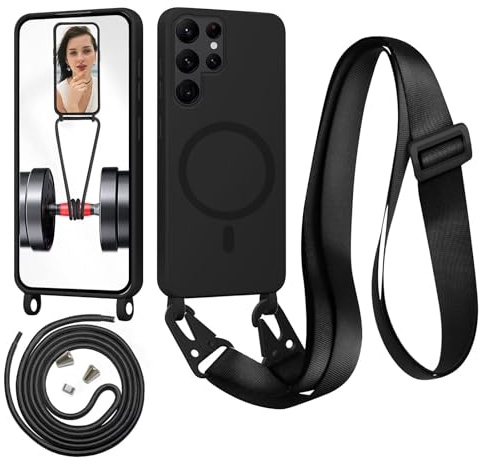 Beajew Handykette für Samsung Galaxy S23 Ultra Hülle mit Band [Kompatibel mit Magsafe] Flüssig Silikon Necklace Handyhülle Magnetische Schutzhülle zum Umhängen Kordel für Samsung S23 Ultra, Schwarz