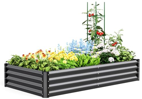 Quictent Galvanized Metal Raised Garden Bed, Bottomless Planter Box for Vegetables, Tomato Cages Included, 180x90x30cm