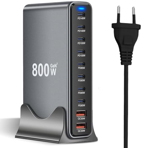800W USB C Ladegerät 10-Port, Schnellladegerät Adapter mit GaN III und PD 3.1, mit 8 USB-C und 2 USB-A PD PPS Charger 140W Netzteil für MacBook, iPhone, Laptop, iPad, Samsung