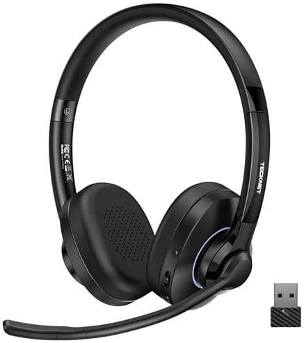 TECKNET V6.0 Bluetooth Headset mit Mikrofon,Wireless Headset mit AI Noise Cancelling Bluetooth Kabellos Kopfhörer PC On Ear mit USB-C Empfänger Büro/Trucker/Callcenter - 50+ Std. Akku