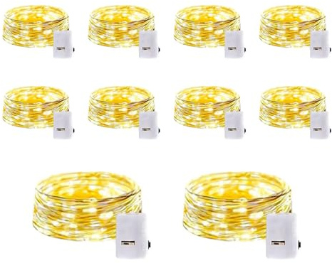 Kaleora 10 Stück Mini Lichterkette mit Batterie, 2M 20 LED Kleine Lichterketten Batteriebetrieben, 3 Modi Kupferdraht LED Lichterkette für Weihnachten, DIY, Hochzeit, Innen Deko, Warmweiß