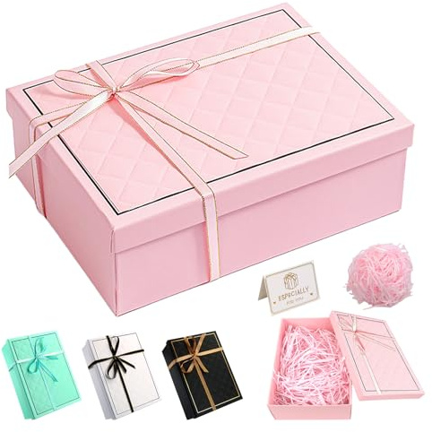 Geschenkbox, Rosa Geschenkbox mit Deckel 22 x 18 x 8,5cm Geschenkboxen | mit Schleife, Raffia und Grußkarte, Geschenkkarton für Geburtstag, Weihnachten und Valentinstag