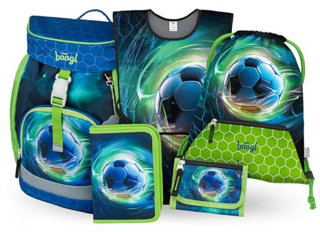 Baagl Schulranzen Jungen Set 5 Teilig Airy Schultasche 16,5 l - Fußball | Ergonomischer Schulrucksack und Ranzen für die Grundschule mit praktischem Zubehör wie Turnbeutel, Schürze und Brustbeutel.