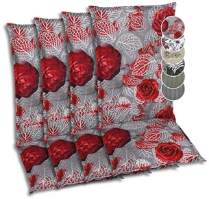 GO-DE Textil Bequeme und attraktive Polsterauflagen für Hochlehner-Gartenstühle (4er-Set, Red Roses grau, Hochlehner)