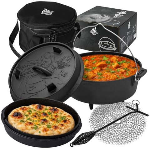 FEUERGOTT Dutch Oven Set 3,5 l Gusseisen Feuertopf mit Füßen Schwarz mit Deckelheber Ringreiniger Transporttasche Outdoor Topf für Grill Feuerstelle Camping BBQ Brot Backen Schmoren