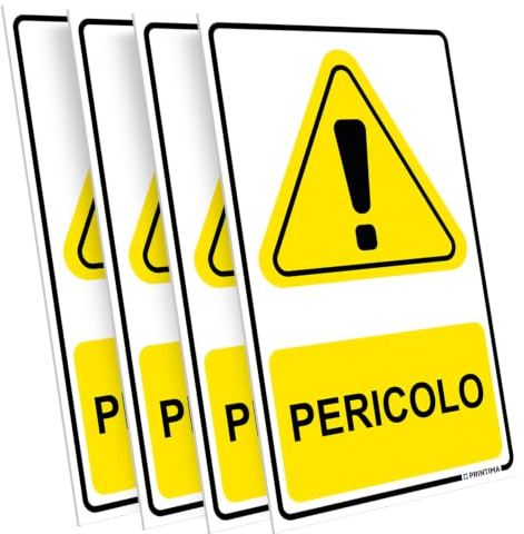 PRINTIMA 21x32 cm set 4 cartelli PERICOLO in italiano, pittogramma di avviso giallo per parete, porta, cancello, officina, magazzino, area lavoro, con set montaggio incluso