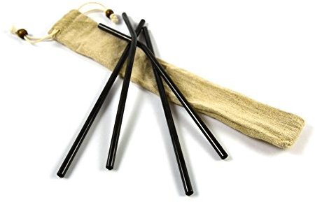 4er Pack Edelstahl-Strohhalm Set – Wiederverwendbare Trinkhalme aus Metall mit Reinigungsbürste und Beutel. Gebogen, schwarz