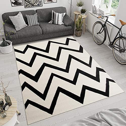 TAPISO MAROKO Teppich Kurzflor Modern Geometrisch Zick Zack Abstrakt Linien Streifen Muster Creme Schwarz Wohnzimmer ÖKOTEX 160 x 220 cm
