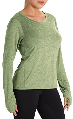 icyzone Damen Laufshirt Langarm Sport Shirt mit Daumenloch Fitness Yoga Oberteil (L, Olive)