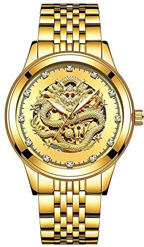 Ourui Armbanduhren,3D Dragon Embossed Herrenuhr Gold Rhinestone Automatic Mechanical Luminous Watch