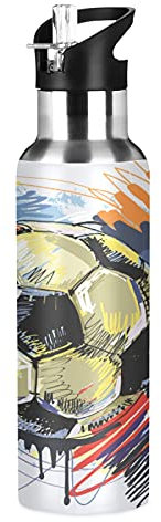 Vnurnrn Joli Cadeau De Sport Football Football Bouteille d'eau Isotherme avec Paille en Acier Inoxydable Gourde 600ML, Sans Bpa Gourdes Eau pour Enfant Sport Randonnée École Bureau