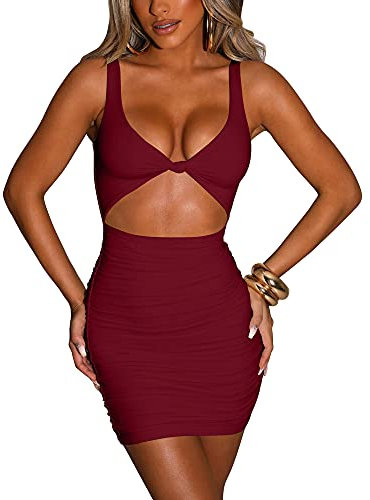 Kaximil Mini robe moulante sexy sans manches pour femme, rouge vin, Taille XL