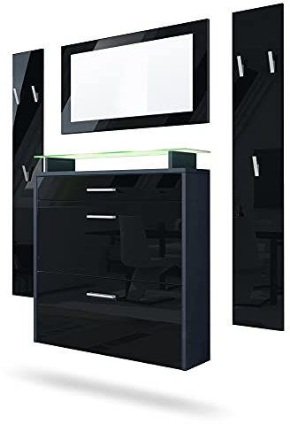 Vladon Garderobe Malea, Garderobenset bestehend aus 1 Hängeschuhschrank, 1 Wandspiegel und 2 Garderobenpaneele, Anthrazit matt/Schwarz Hochglanz, inkl. LED-Beleuchtung RGB