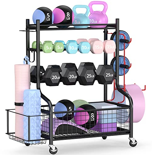 PLKOW Dumbbell Weight Rack, Home Gym Storage for Kettlebells Yoga Mat and Balls, All in One Workout Storage with Wheels and Hooks, Powder Coated Finish Steel