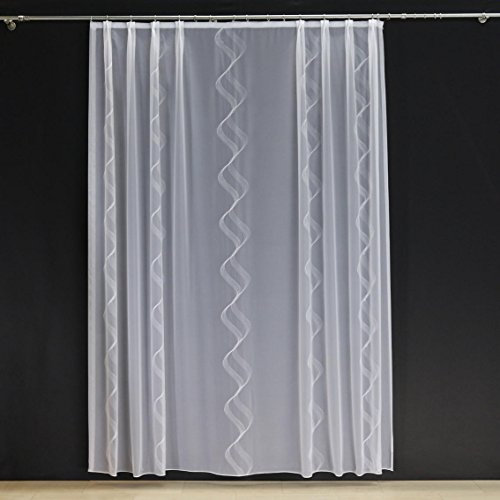 EASYHomefashion Hochwertige Gardine Fertiggardine Voile Store Schal mit Stickerei Faltenband und Bleiband weiß Ferrara 110 x 450 cm (HöhexBreite)
