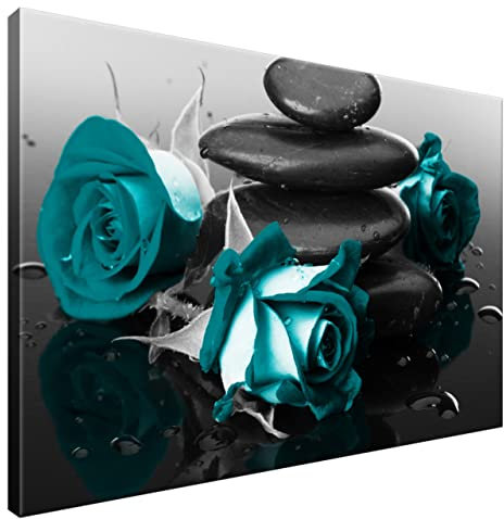 Estika Leinwand bilder - Türkis Rosen auf Spa-Steinen - 90x60 cm, 1 teilige kunstdruck - Wandbilder wohnzimmer, schlafzimmer, Moderne wanddeko, Bild auf leinwand - Blumen bilder - 2553A_1L
