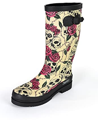 Regenliebe Bottes de pluie Ghost High pour femme avec motif tête de mort et roses avec tige haute, Beige à motifs, 39 EU