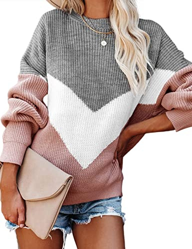 heekpek Maglione Oversize Donna Girocollo Invernale Maglione Lavorato a Maglia Donna con Pannello a Righe V Maniche Lunghe Casual Pullover per Autunno Inverno, Grigio, M