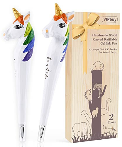 VIPbuy 2 Stück 100% handgefertigte Holzgeschnitzte Gel-Tintenstifte - Neuheit nachfüllbare Schreibstifte Büro Schulbedarf Geburtstag (Einhorn)