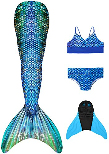 FOLOEO Meerjungfrauenflosse Mädchen Meerjungfrau Flosse für Kinder mit Bikini Set und Monoflosse, 4 Stück Set, Mehrfarbig (MD29-CC), 130