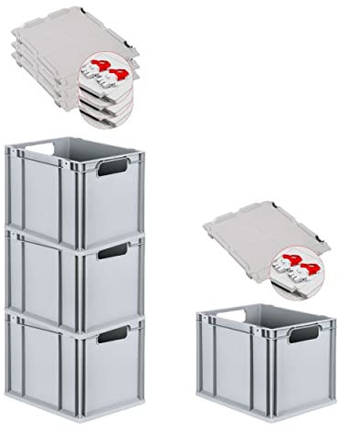PROREGAL SuperSparSet 4x Eurobox NextGen Economy mit Scharnierdeckel & roten Verschlüssen | Griffe offen | HxBxT 32x30x40cm | 30 Liter | Eurobehälter Transportbox Transportbehälter Stapelbehälter