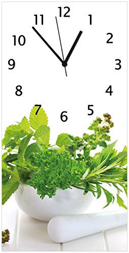 Wallario Design-Wanduhr Welt der Kräuter - Verschiedene Kräuter in einem weißen Mörser aus Glas, Motiv-Uhr Größe 30 x 60 cm, Schwarze Zeiger