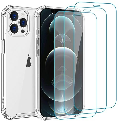 Whioltl Hülle für iPhone 12 Pro Max mit 3 Stück Schutzfolie, 4 in 1 Durchsichtige Kratzfest Stoßfest Handyhülle, Rundumschutz Nicht Vergilbend Schutzhülle, Transparent Weiches Case