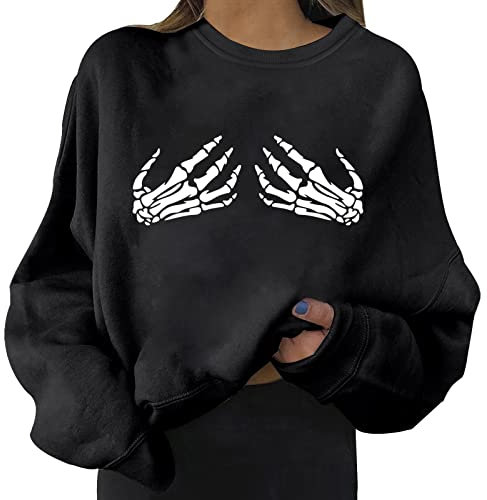 rtdgcv Damen Sweatshirt Ohne Kapuze Sweatshirts für den Alltag für Damen, langes Sweatshirt, Briefdruck, Rundhalsausschnitt, Langarm, Damen-Skateboard-Bluse Hoodie Schwarz (Black, XL)