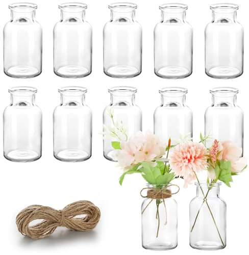Lannvan 12 Mini Vases en Verre - Petits Vases pour Decoratifs de Table Mariage - Vases Décoratifs avec Ficelle - Mini Vase en Verre pour Décorations de Table Moderne - Lave Vaisselle - 130ml
